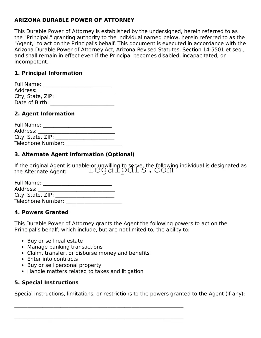 Printable Arizona Durable Power of Attorney Form