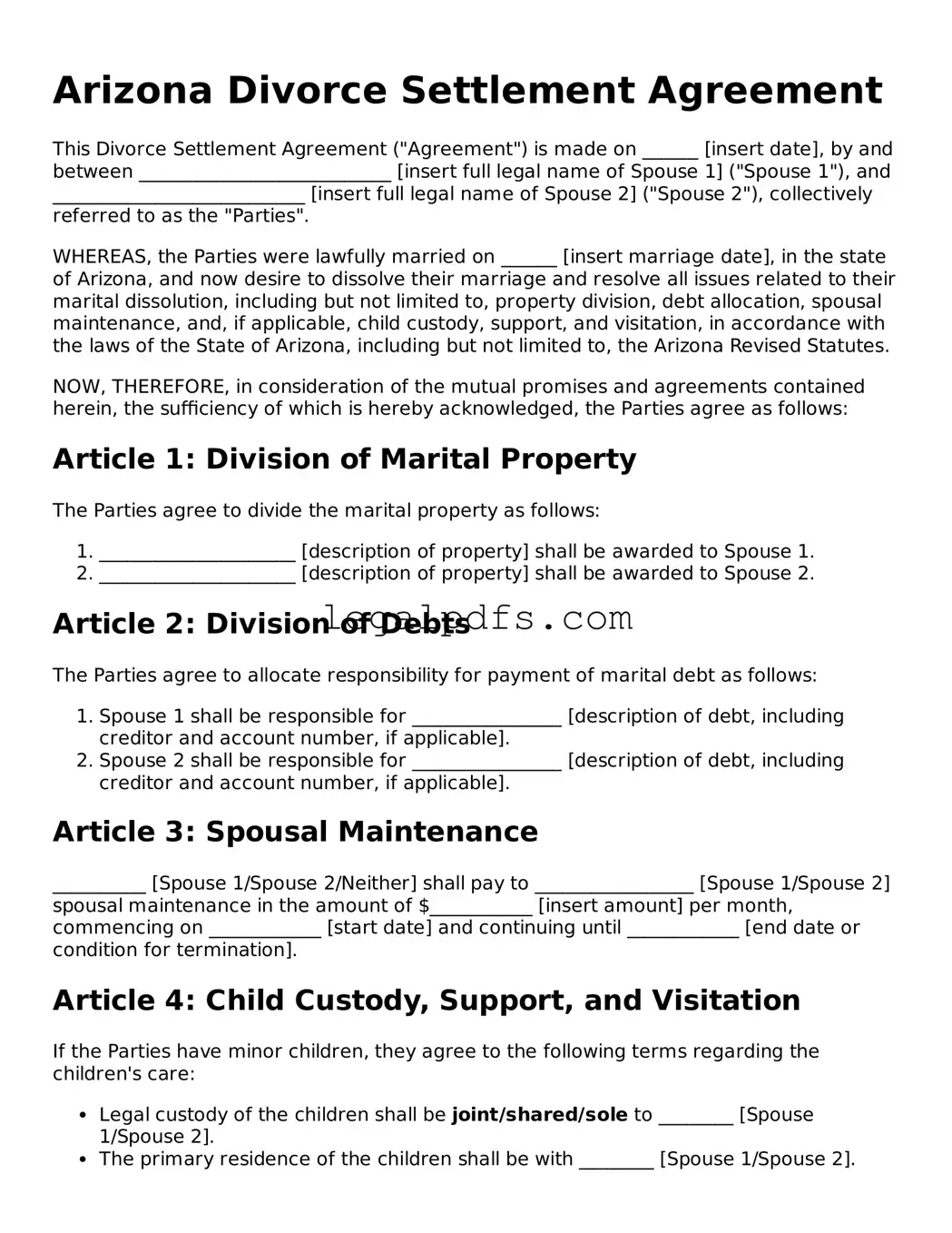 Printable Arizona Divorce Settlement Agreement Form