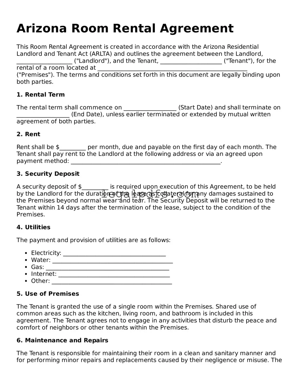 Printable Arizona Room Rental Agreement Form