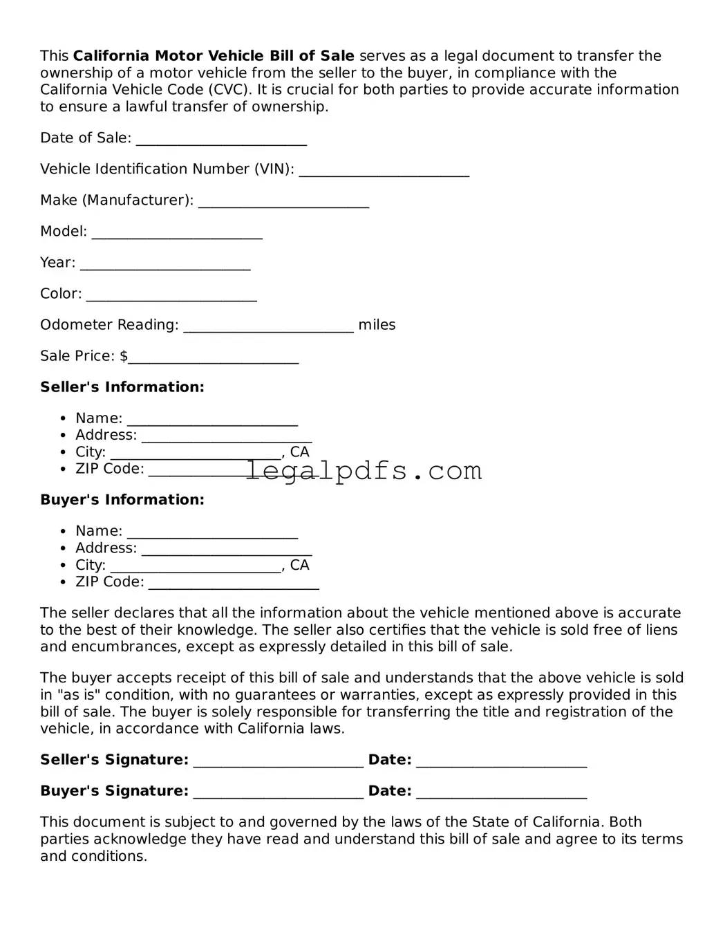 Printable California Motor Vehicle Bill of Sale Form