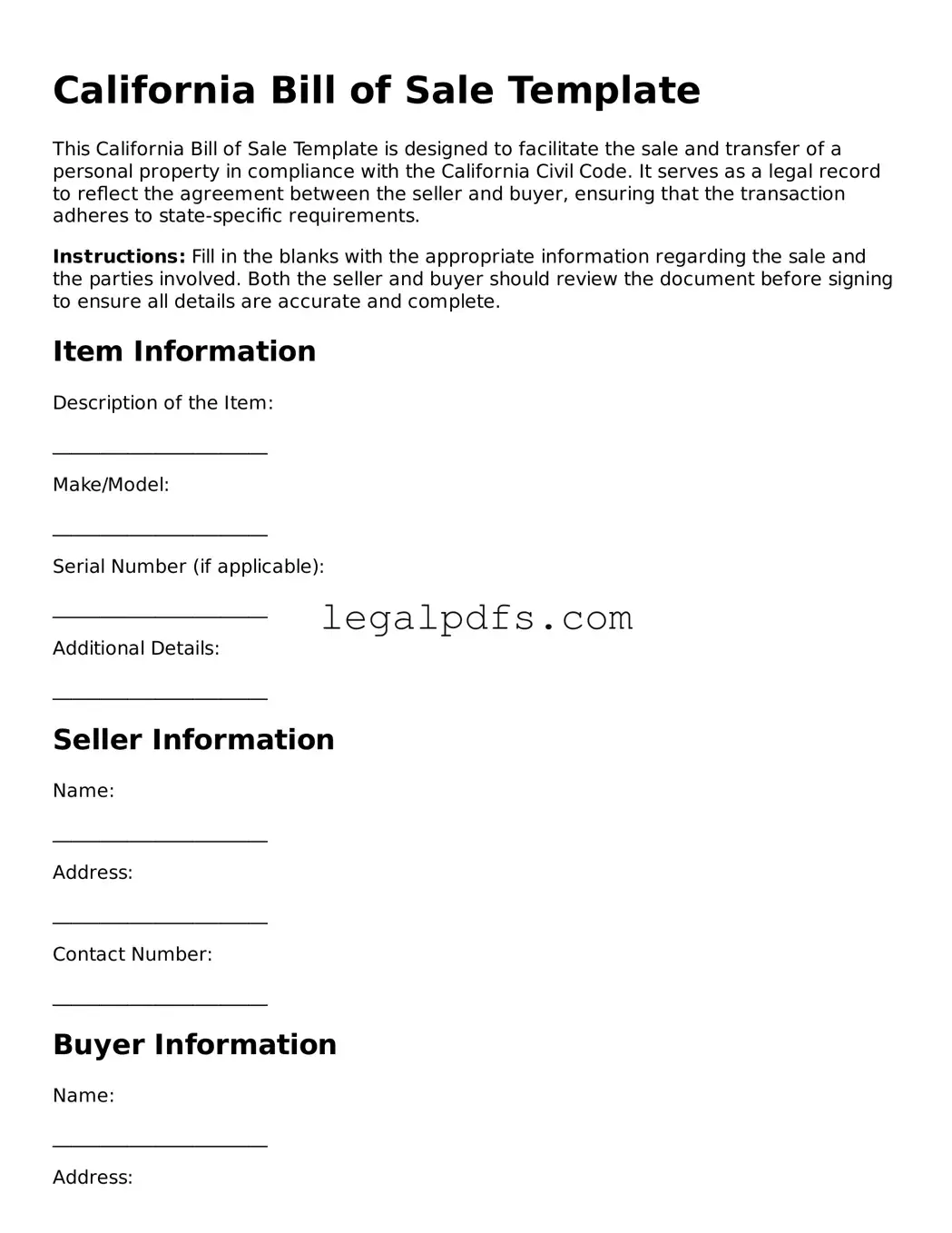 Printable California Bill of Sale Form
