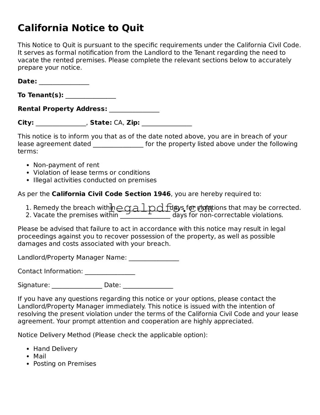 Printable California Notice to Quit Form