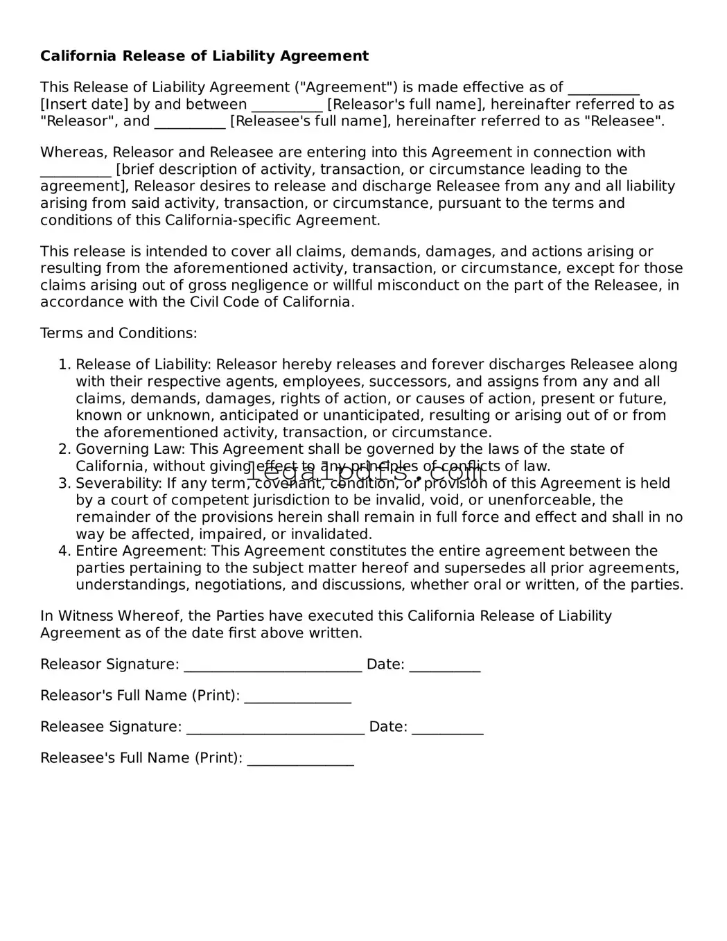 Printable California Release of Liability Form