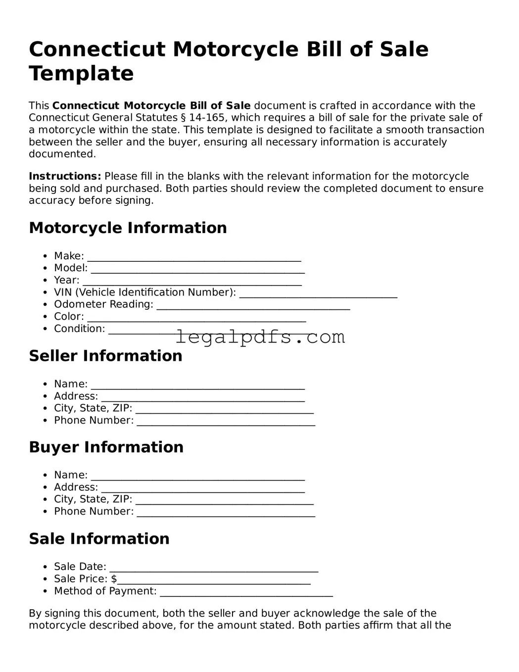 Printable Connecticut Motorcycle Bill of Sale Form