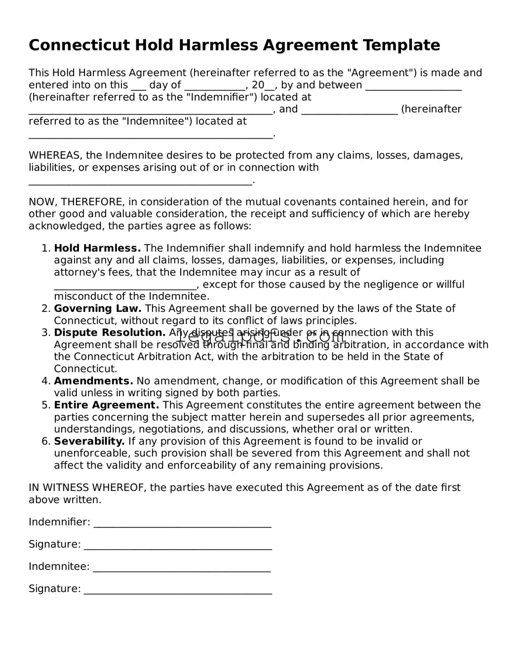 Printable Connecticut Hold Harmless Agreement Form