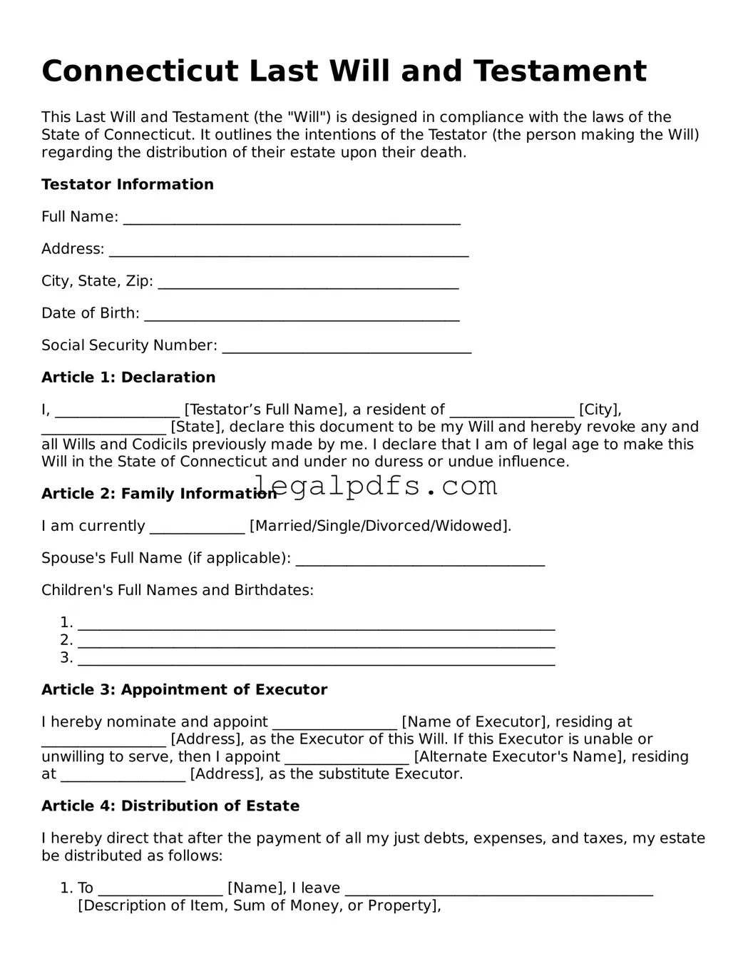 Printable Connecticut Last Will and Testament Form