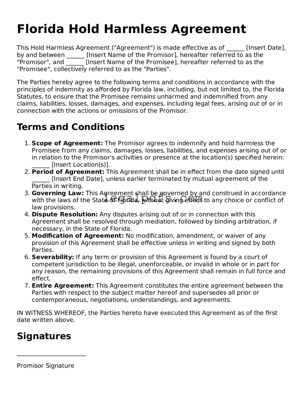 Printable Florida Hold Harmless Agreement Form