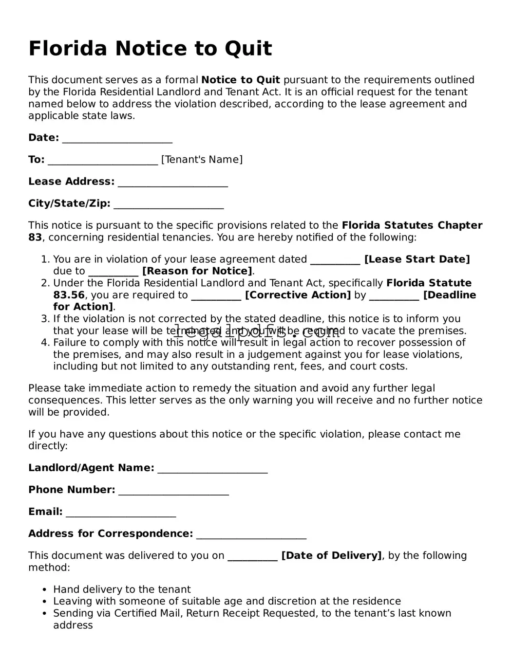 Printable Florida Notice to Quit Form