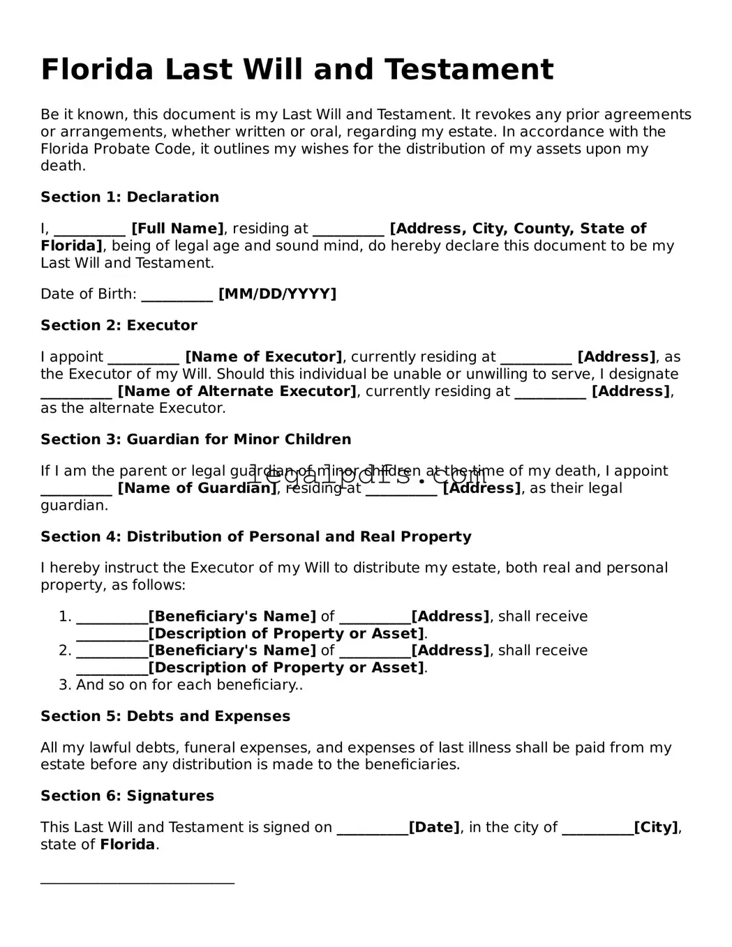 Printable Florida Last Will and Testament Form