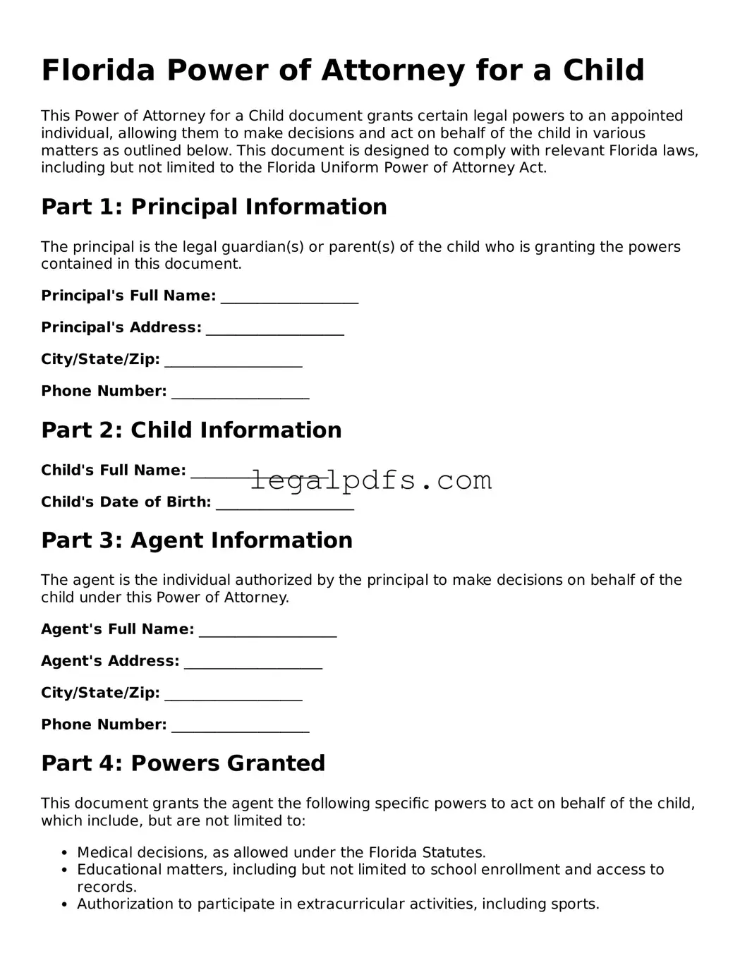 Printable Florida Power of Attorney for a Child Form