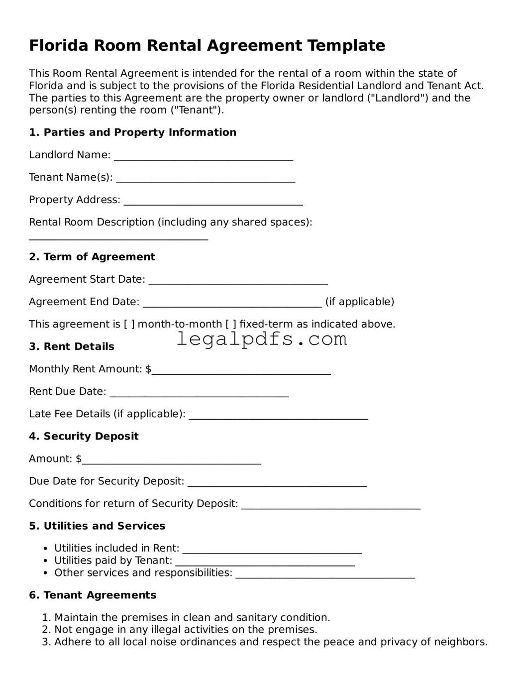 Printable Florida Room Rental Agreement Form