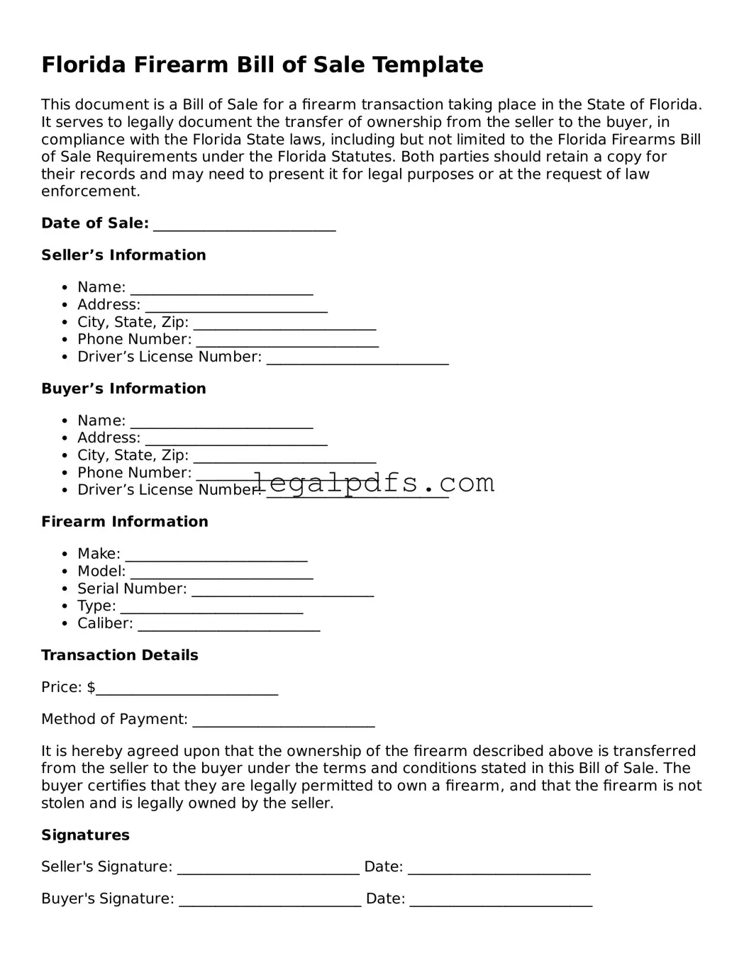Printable Florida Firearm Bill of Sale Form
