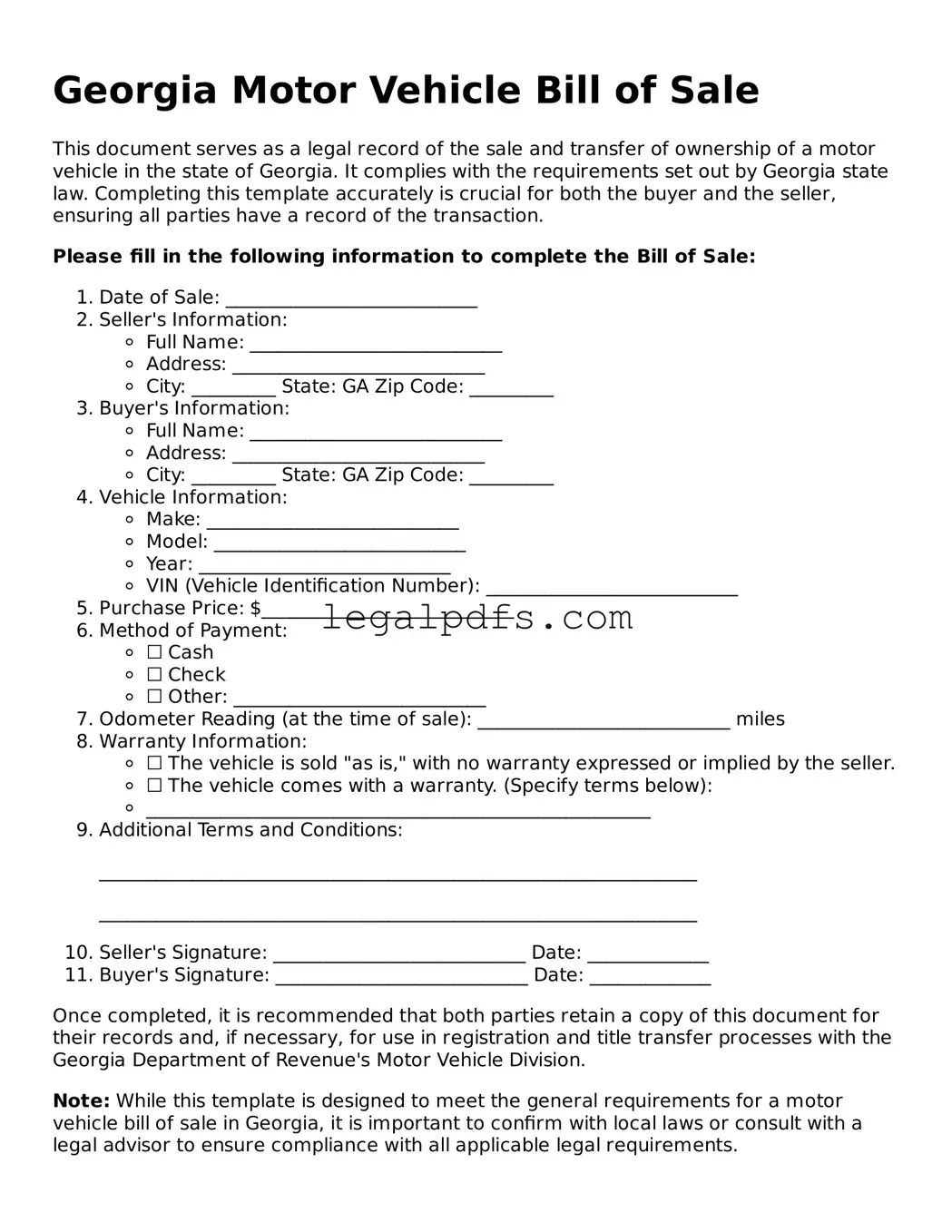 Printable Georgia Motor Vehicle Bill of Sale Form