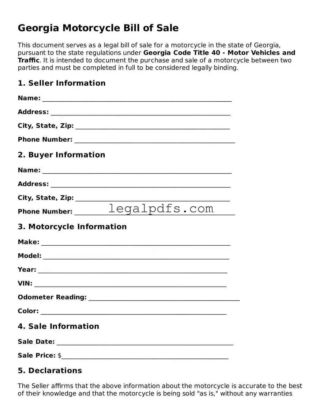 Printable Georgia Motorcycle Bill of Sale Form