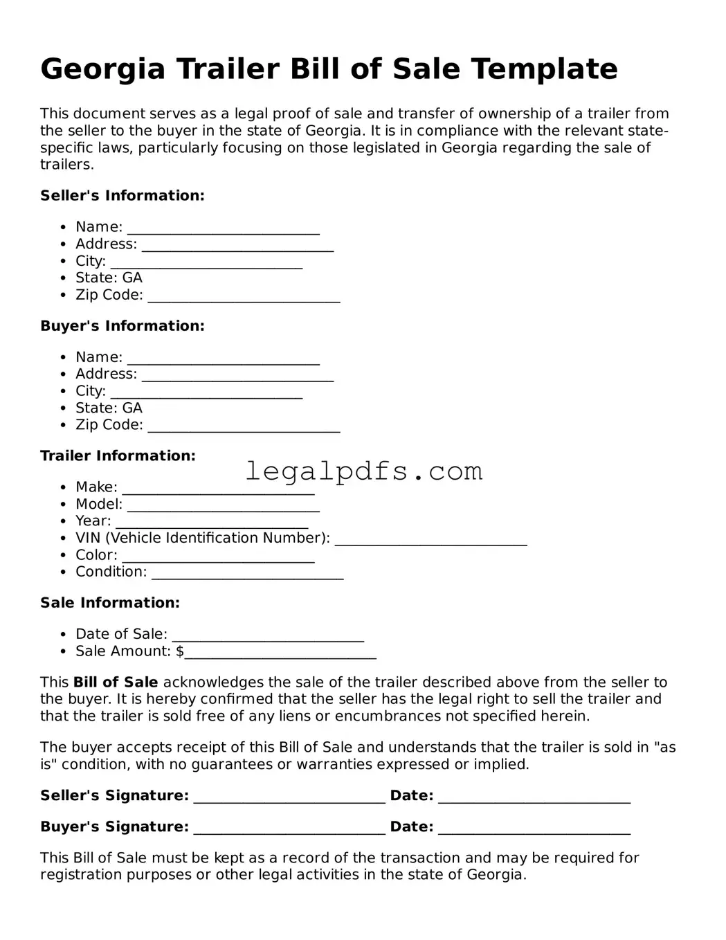 Printable Georgia Trailer Bill of Sale Form