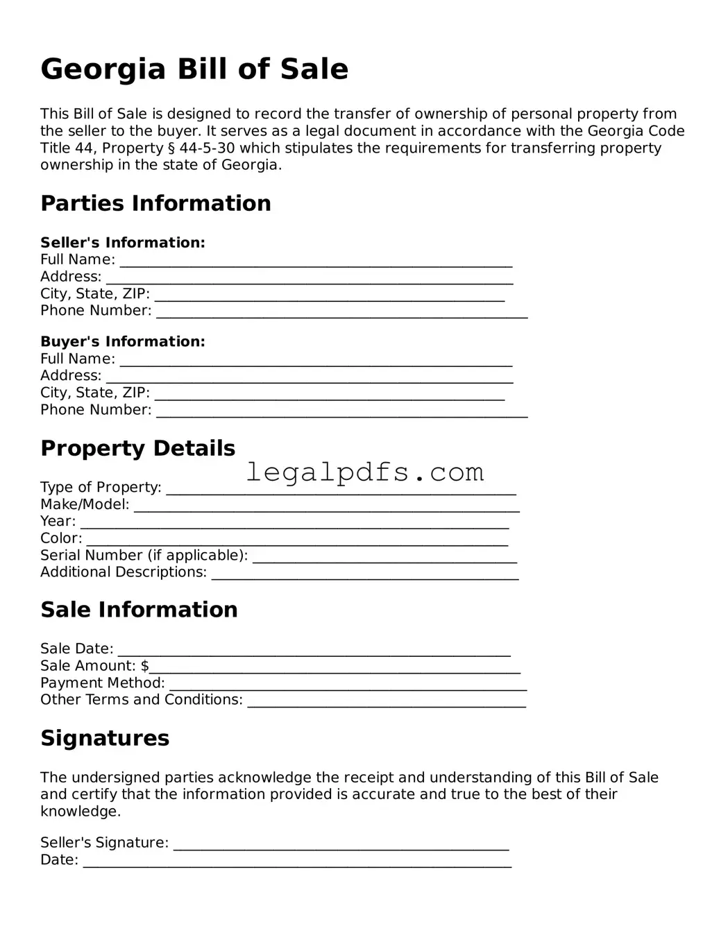 Printable Georgia Bill of Sale Form