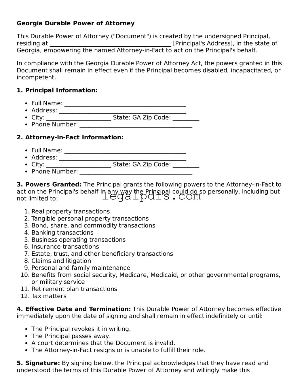 Printable Georgia Durable Power of Attorney Form