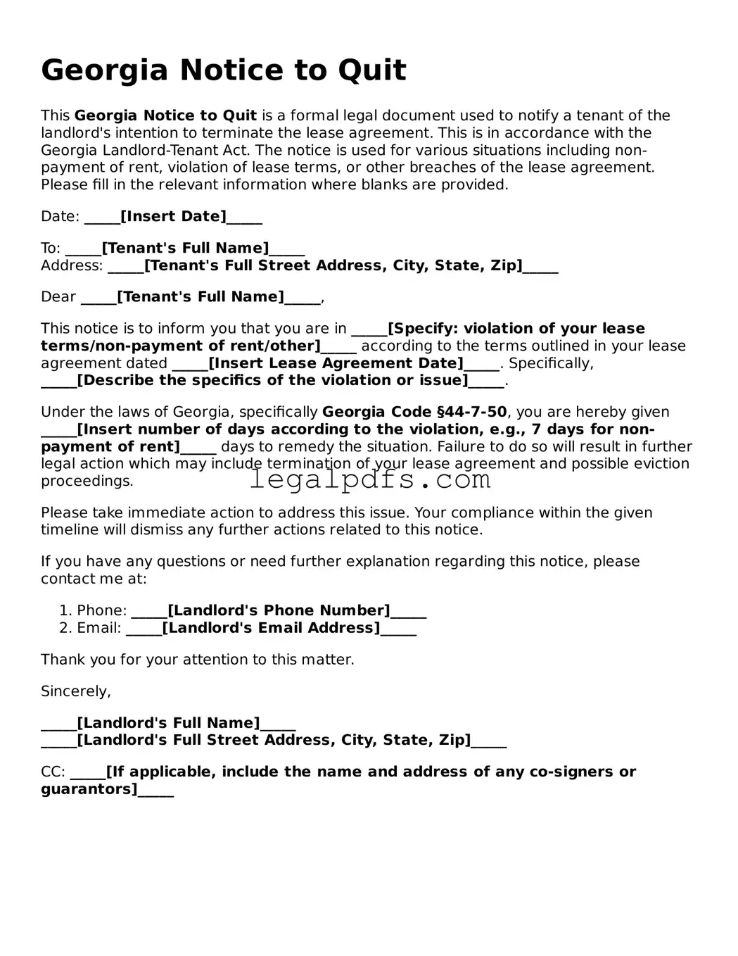 Printable Georgia Notice to Quit Form