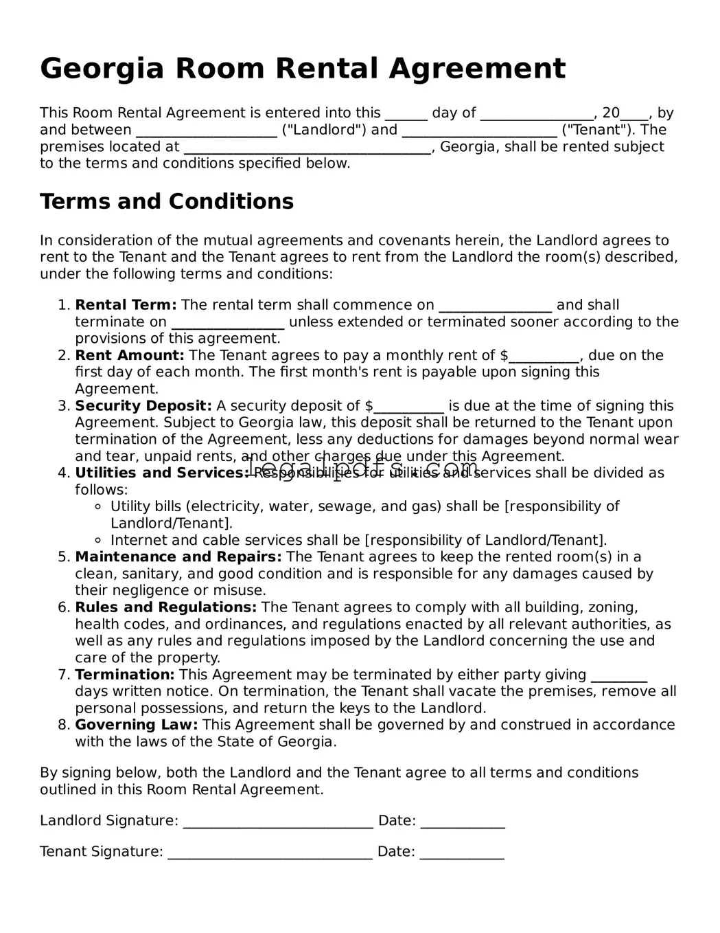 Printable Georgia Room Rental Agreement Form