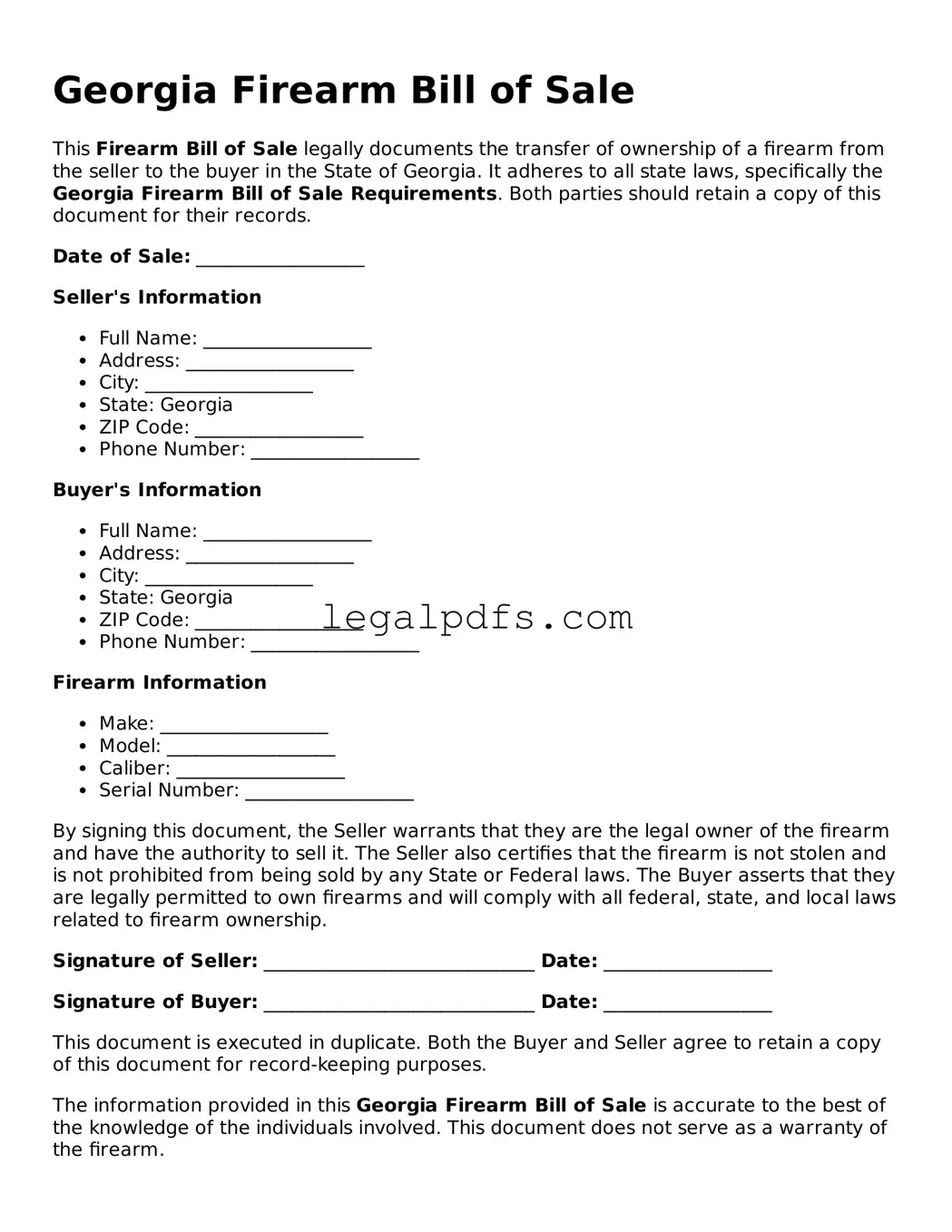 Printable Georgia Firearm Bill of Sale Form