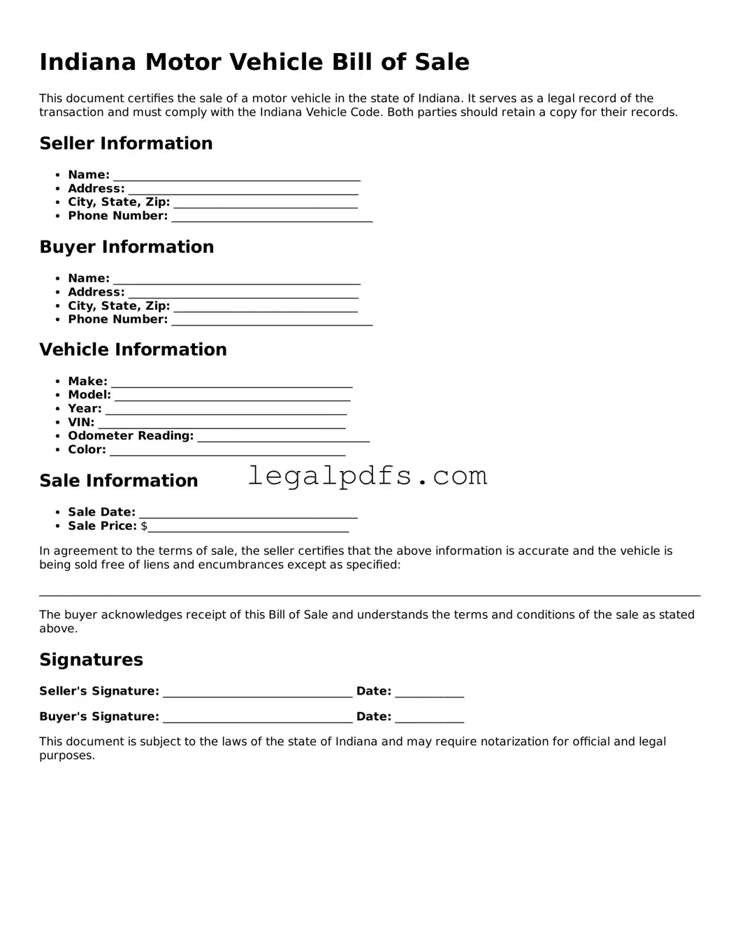 Printable Indiana Motor Vehicle Bill of Sale Form