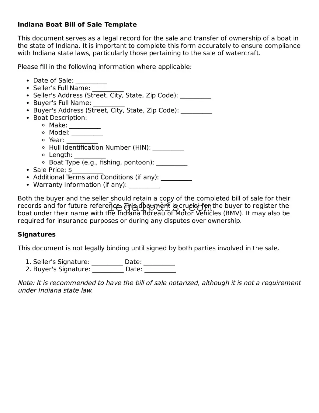 Printable Indiana Boat Bill of Sale Form