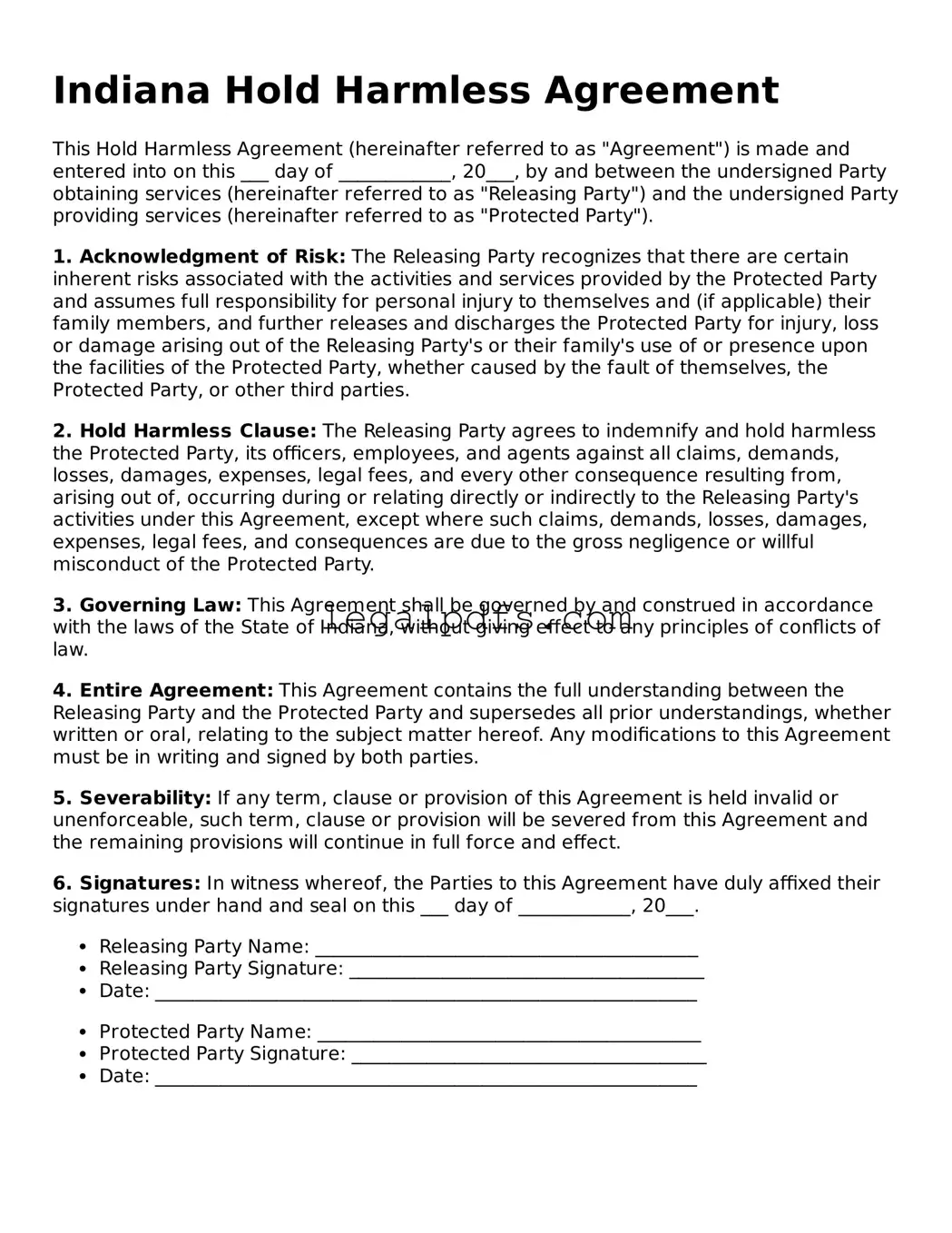 Printable Indiana Hold Harmless Agreement Form