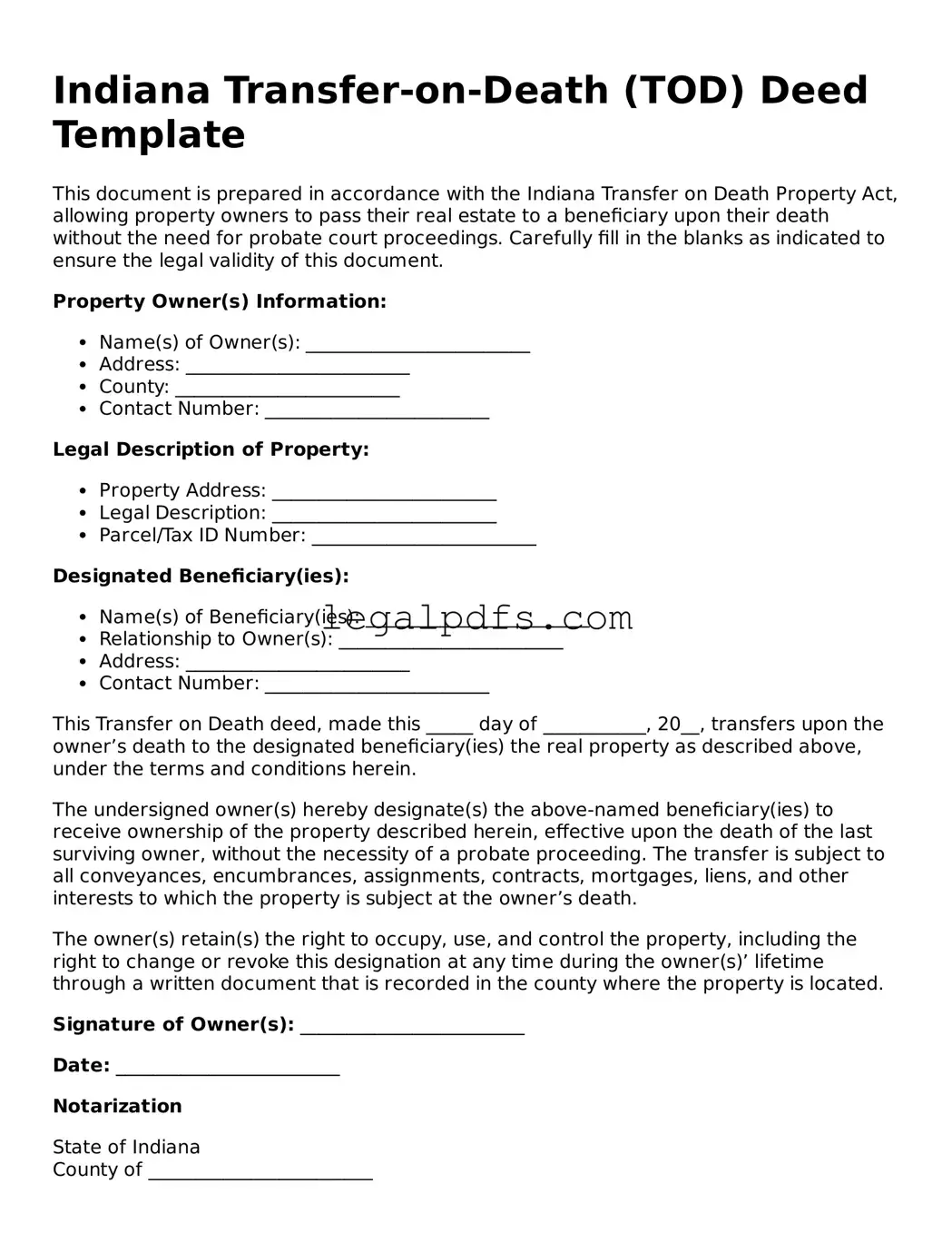 Printable Indiana Transfer-on-Death Deed Form