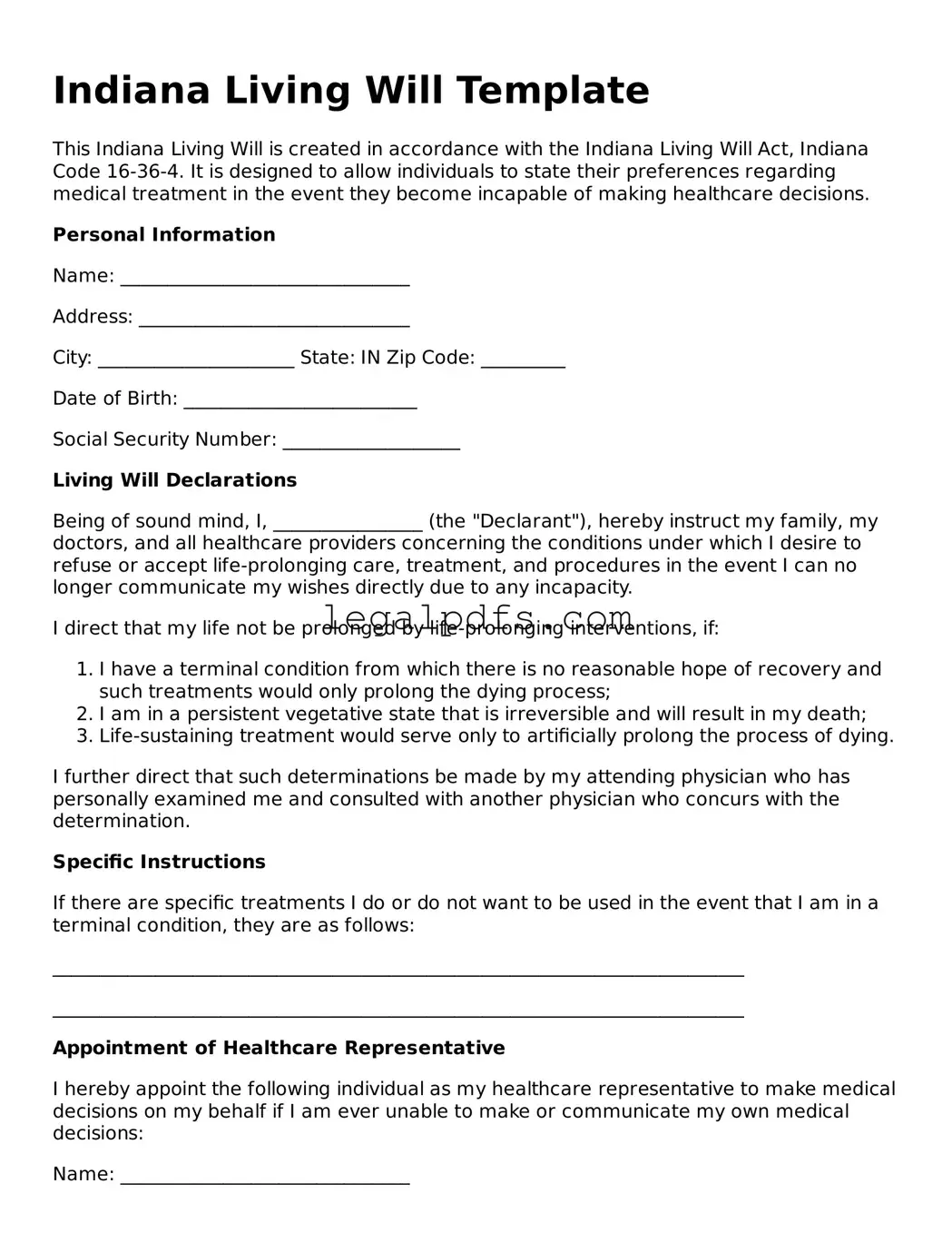 Printable Indiana Living Will Form