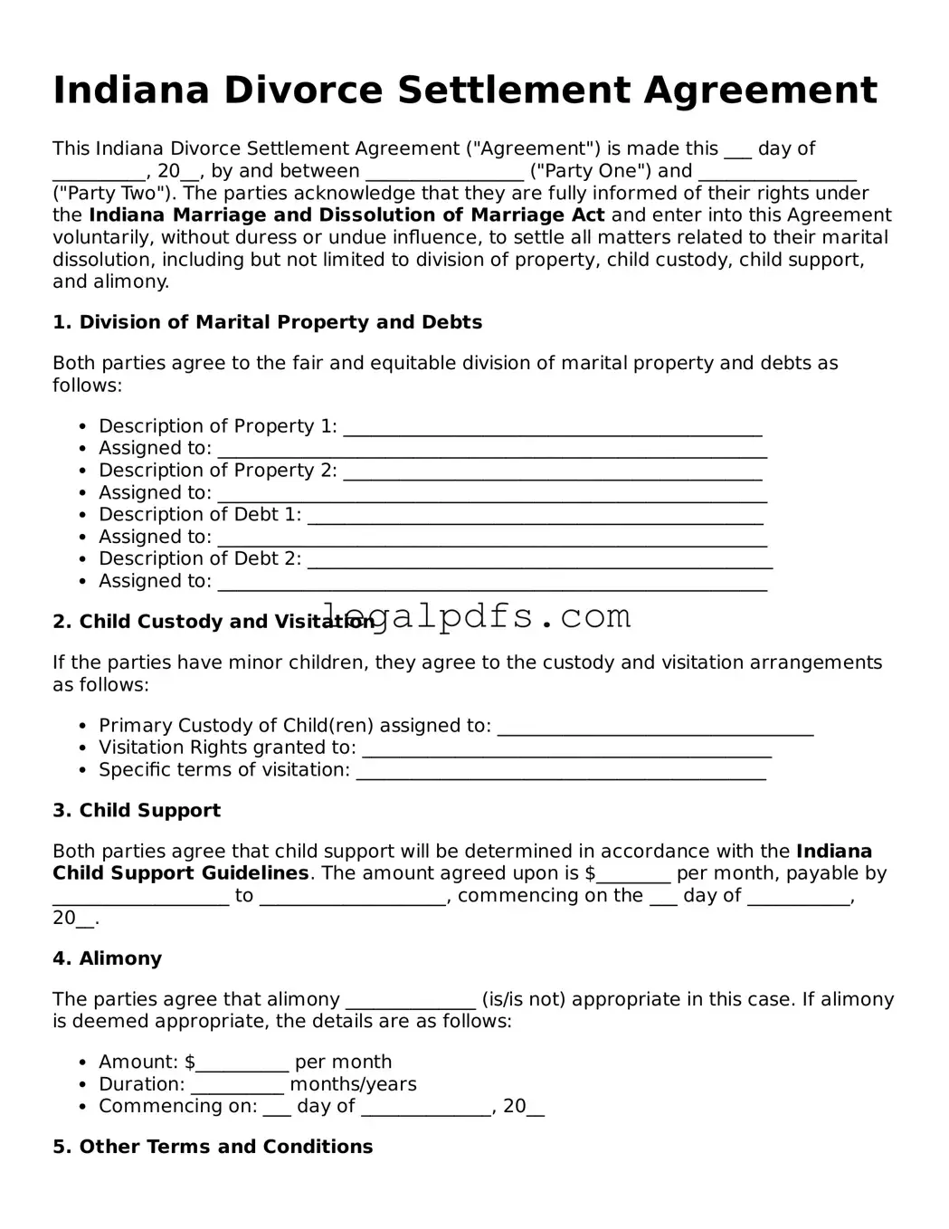 Printable Indiana Divorce Settlement Agreement Form