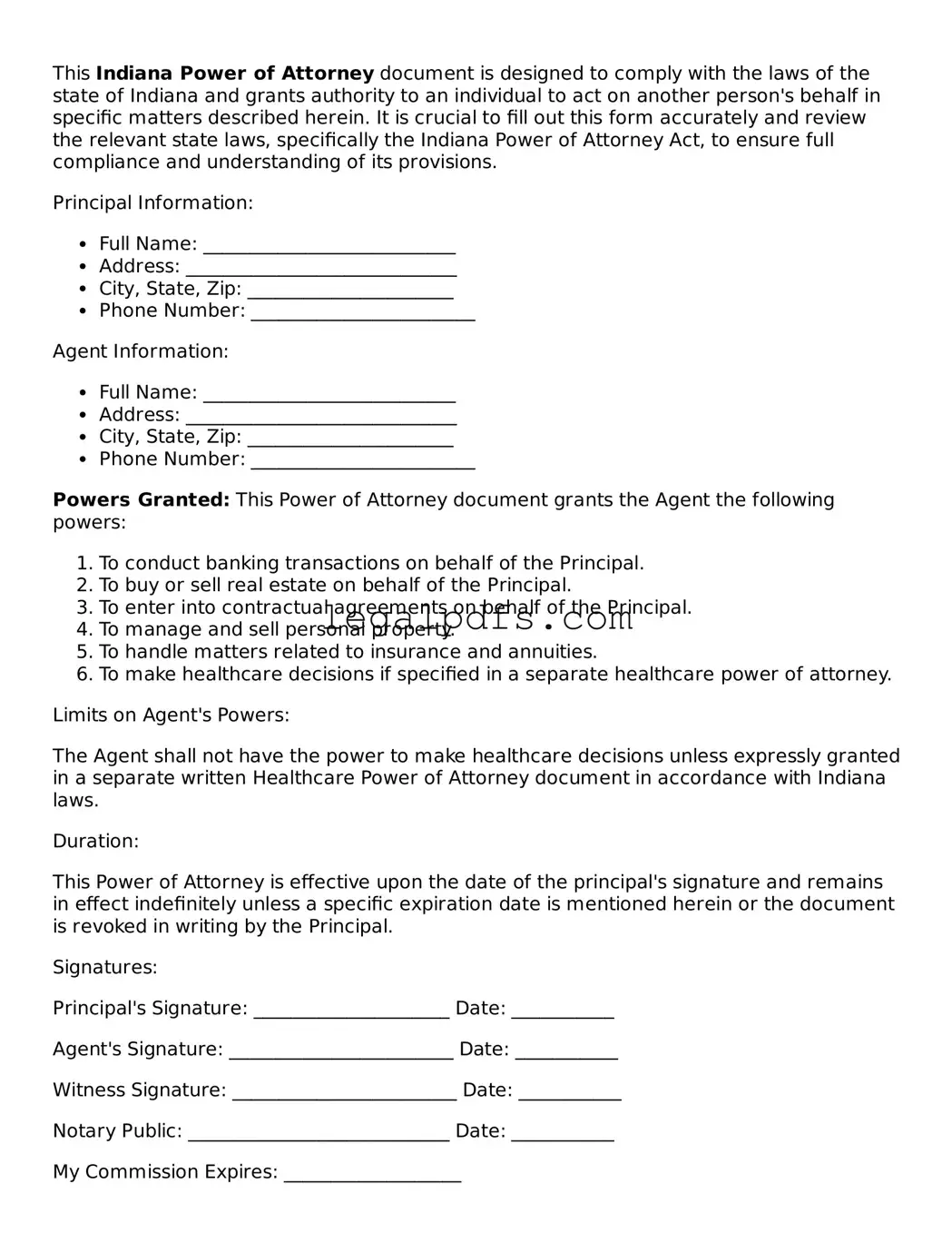 Printable Indiana Power of Attorney Form