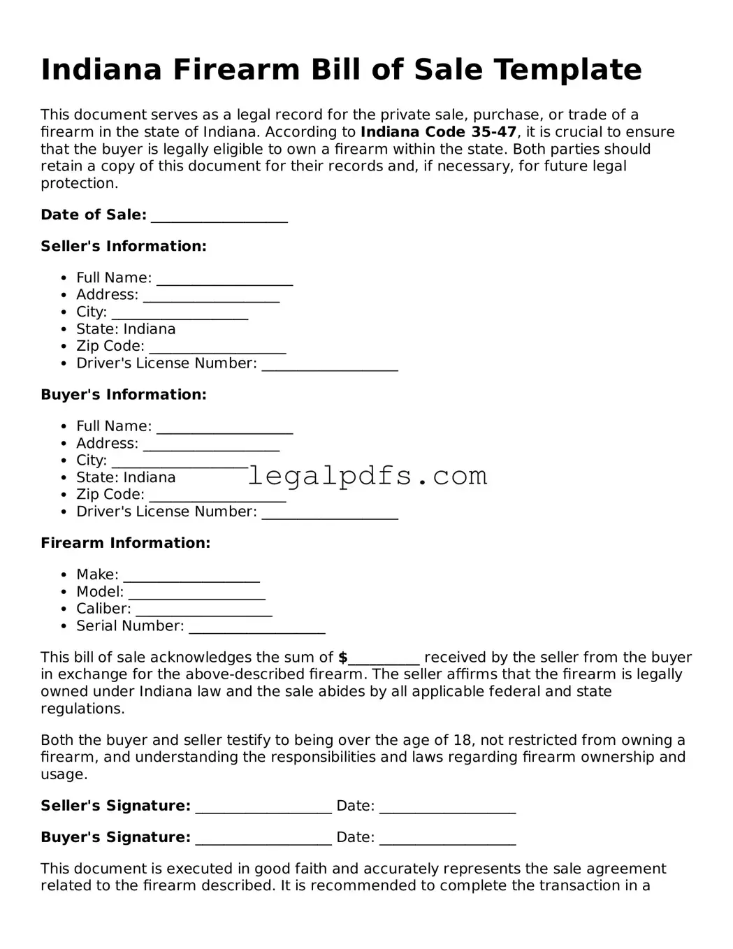 Printable Indiana Firearm Bill of Sale Form