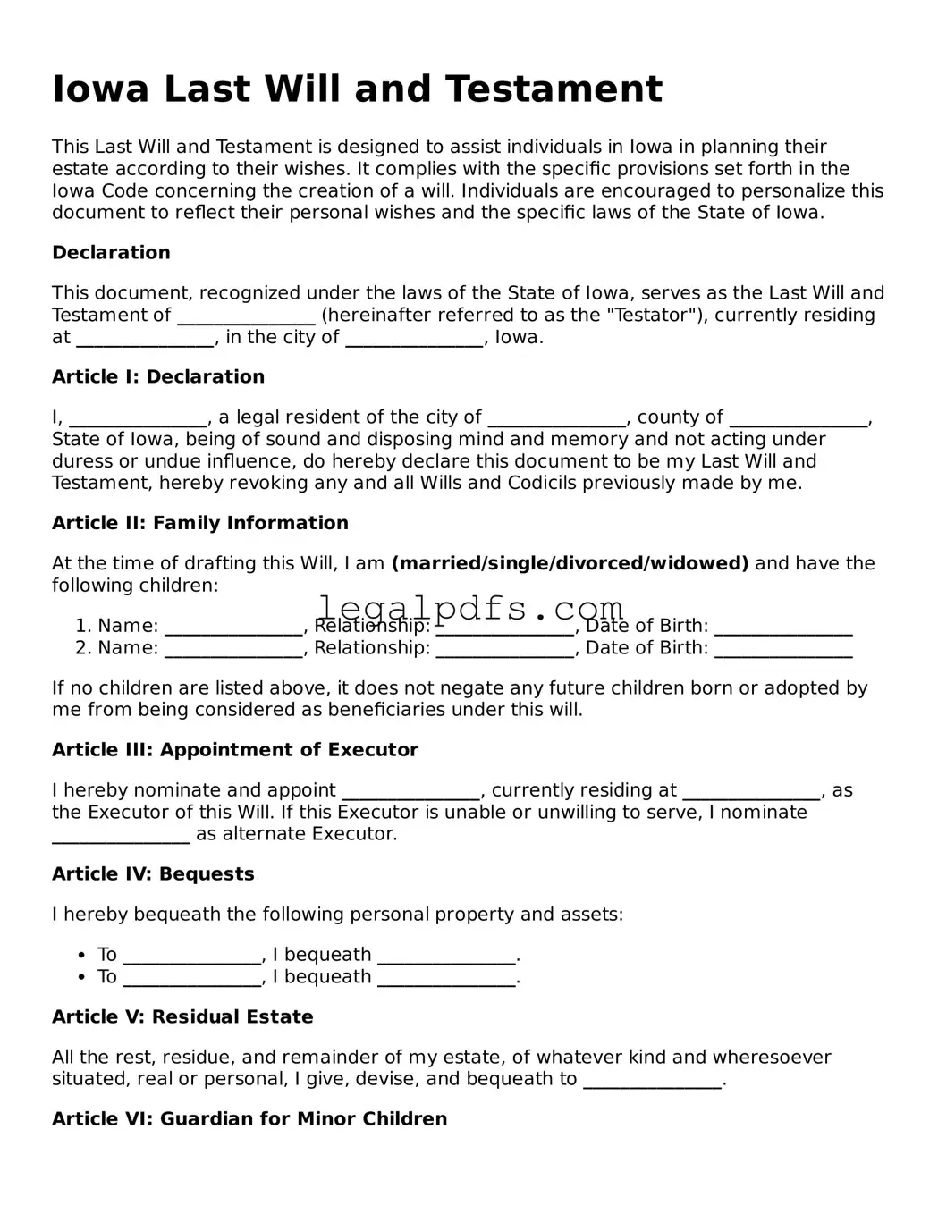 Printable Iowa Last Will and Testament Form