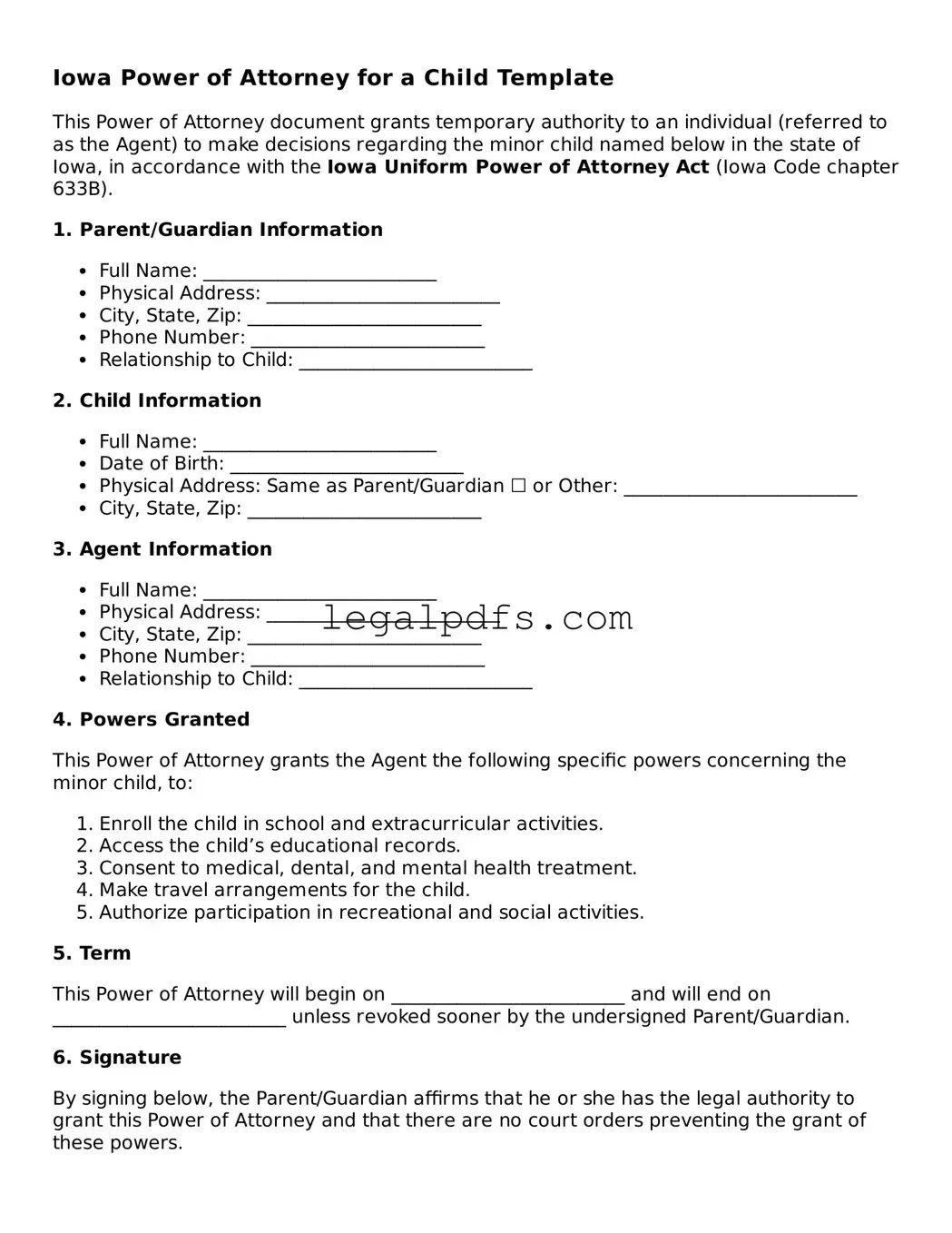 Printable Iowa Power of Attorney for a Child Form