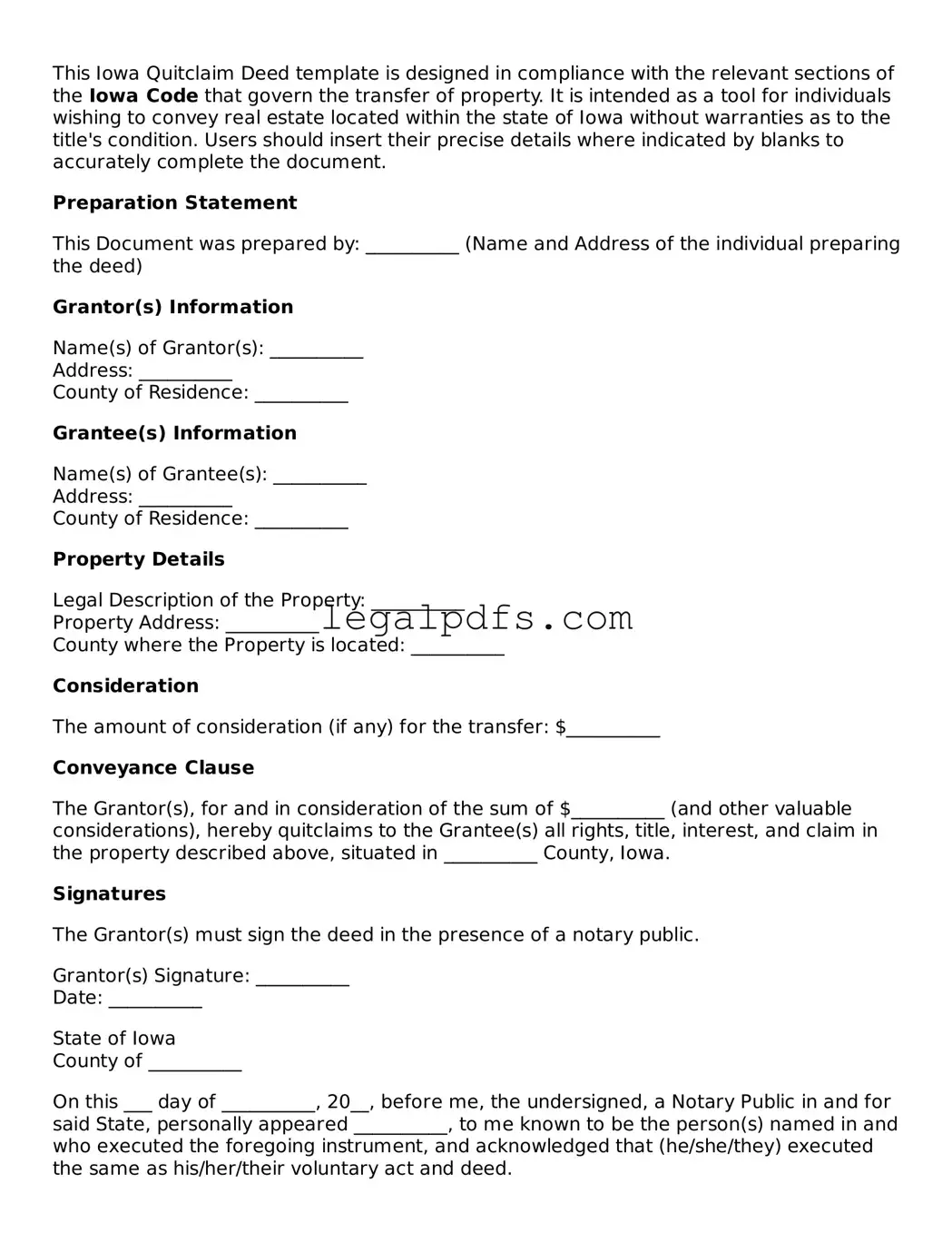 Printable Iowa Quitclaim Deed Form