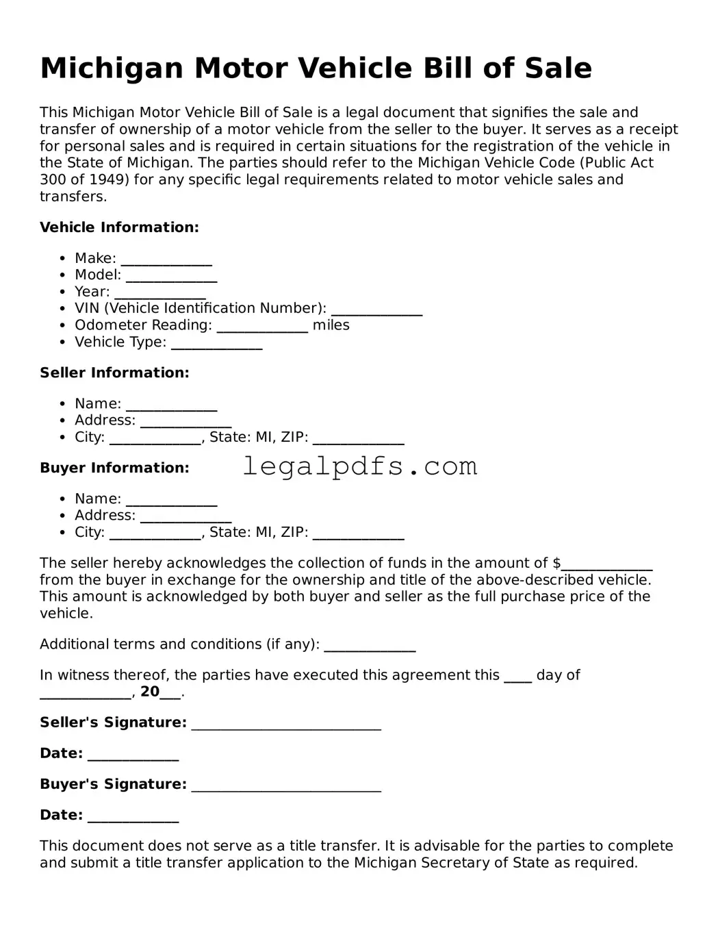 Printable Michigan Motor Vehicle Bill of Sale Form