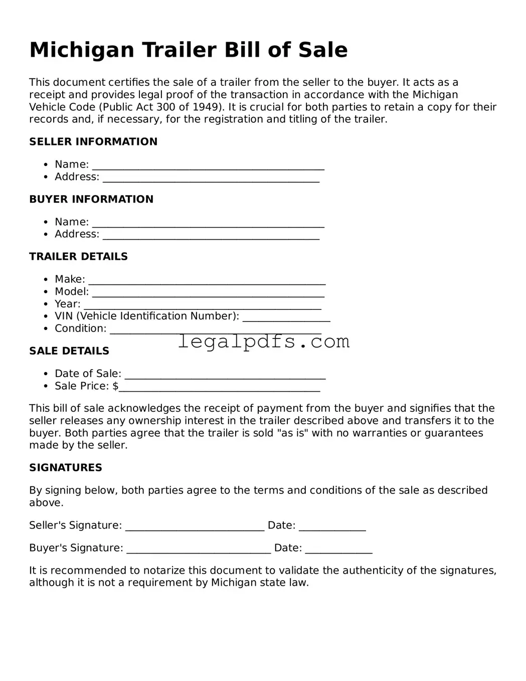 Printable Michigan Trailer Bill of Sale Form