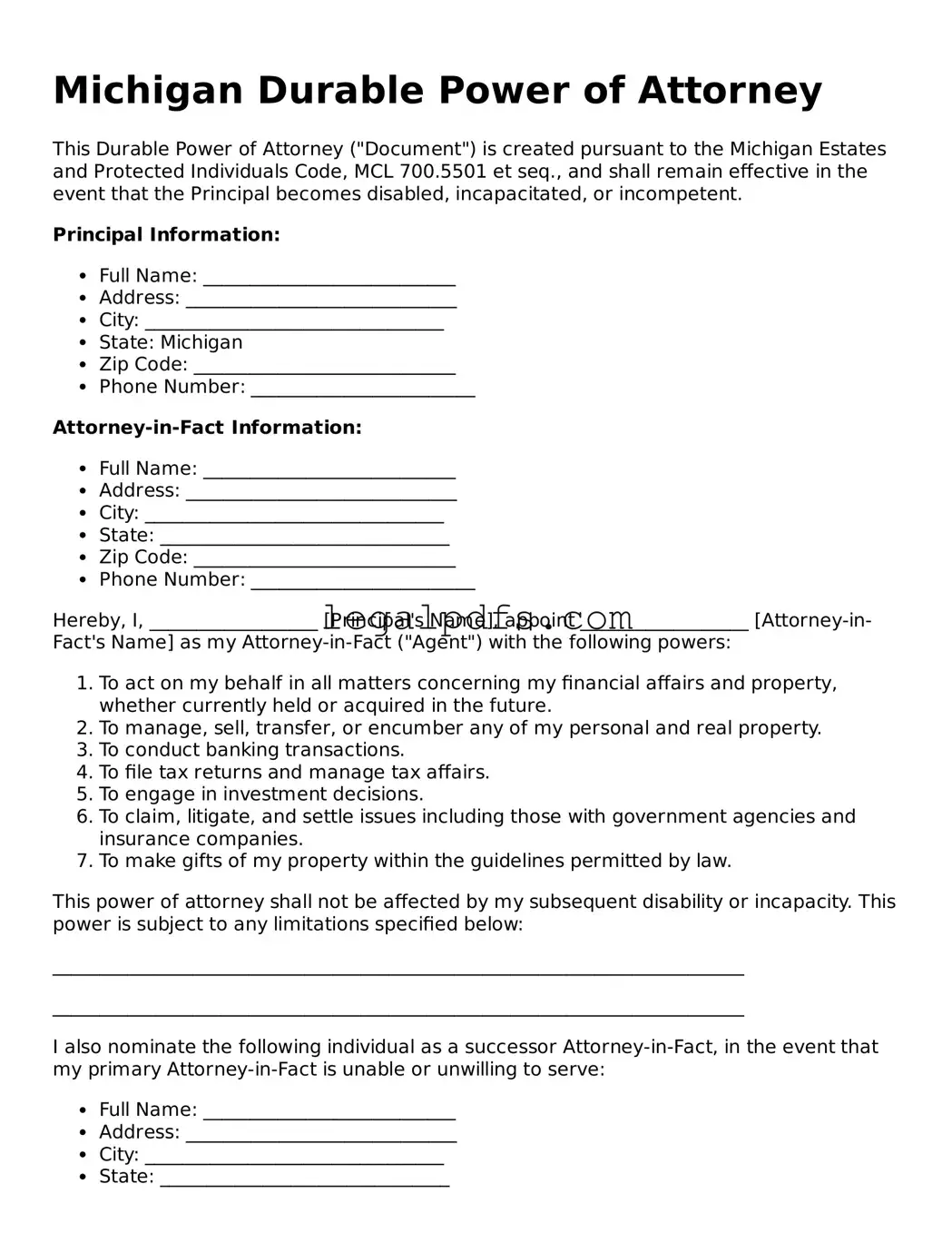 Printable Michigan Durable Power of Attorney Form