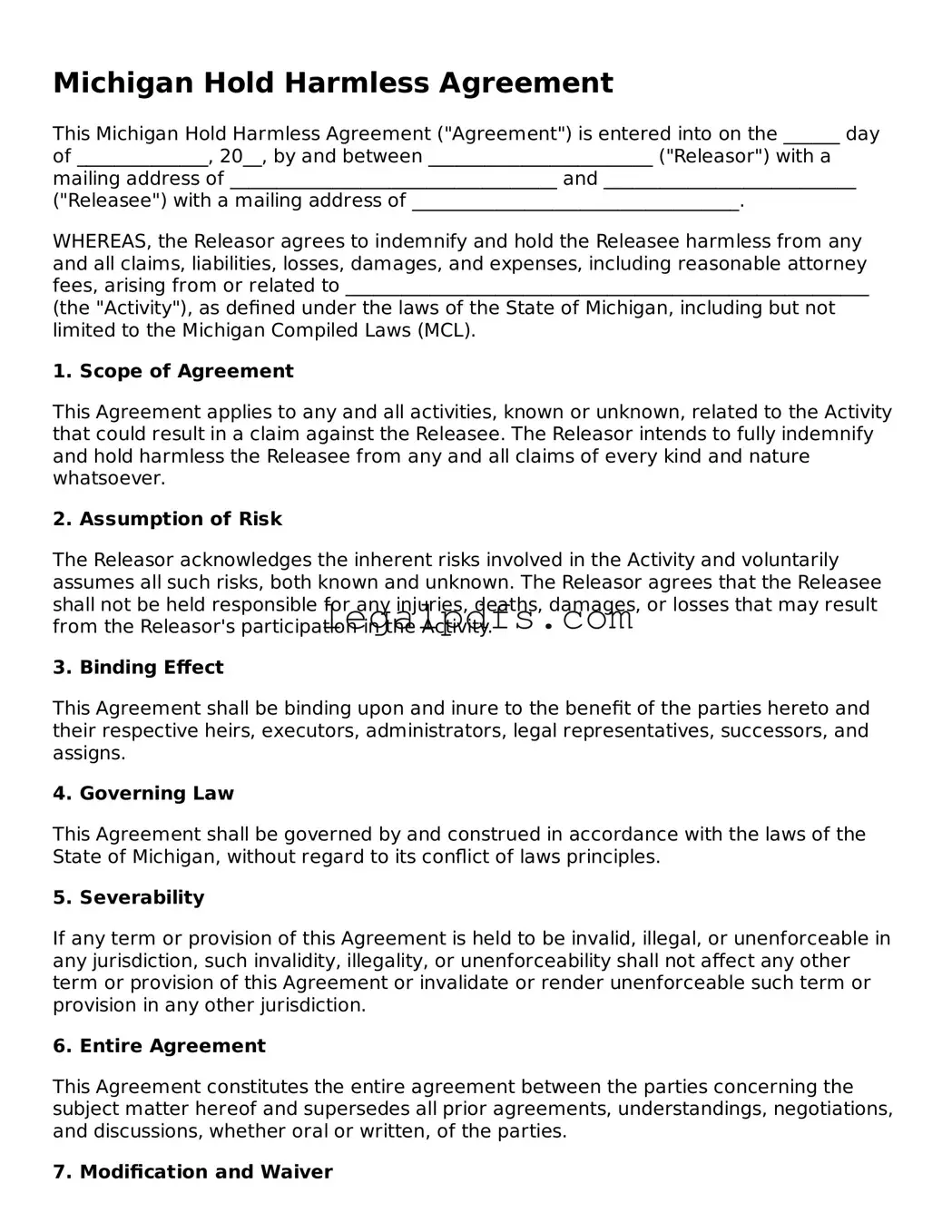 Printable Michigan Hold Harmless Agreement Form