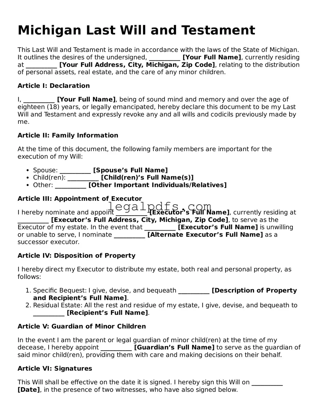 Printable Michigan Last Will and Testament Form