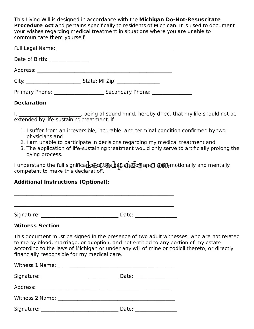 Printable Michigan Living Will Form