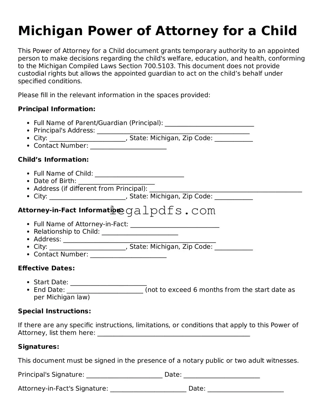 Printable Michigan Power of Attorney for a Child Form