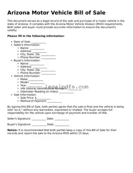 Printable Arizona Motor Vehicle Bill of Sale Form