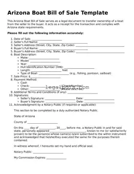 Printable Arizona Boat Bill of Sale Form