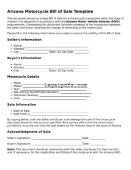 Printable Arizona Motorcycle Bill of Sale Form