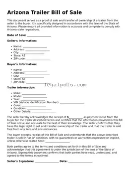 Printable Arizona Trailer Bill of Sale Form