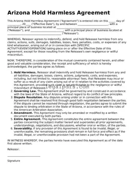 Printable Arizona Hold Harmless Agreement Form