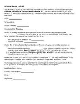 Printable Arizona Notice to Quit Form