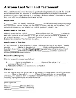 Printable Arizona Last Will and Testament Form