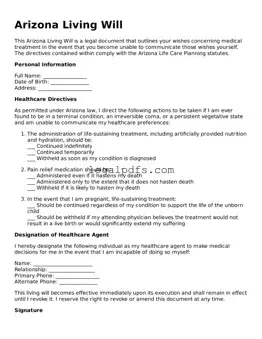 Printable Arizona Living Will Form